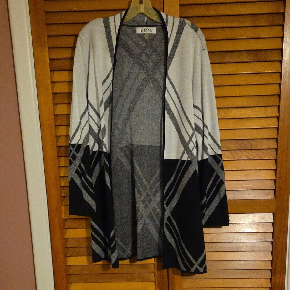 Kasper Black and Gray Plaid Open Cardigan